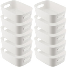 YUENPUN 10 PCS White Plastic Storage Organiser, Small White Storage Box Handle, Plastic Studio Storage Basket Bins for Kitchen, Bathroom