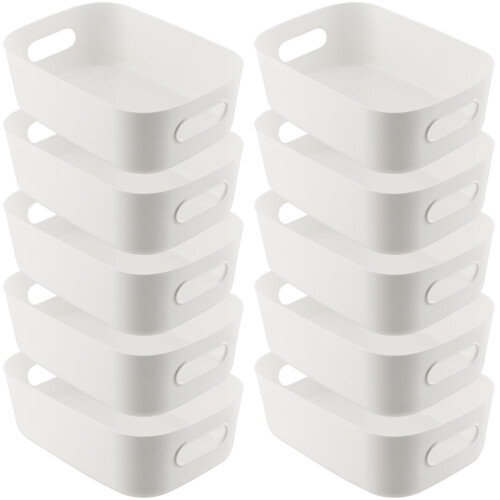 YUENPUN 10 PCS White Plastic Storage Organiser, Small White Storage Box Handle, Plastic Studio Storage Basket Bins for Kitchen, Bathroom