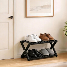 Glsety 2 Tier Bamboo Shoe Rack Black,Portable Folding Shoe Storage Rack,Without Installation Small Shoe Rack Perfect for Corridors