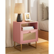 HEYZOEY Rattan Bedside Table,Modern Boho Farmhouse Wood Nightstand with Storage Drawer and Open Shelf,Small Gold Frame Side Table for Bedroom,Living