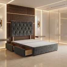 Bed Centre Divan Bed Base with Headboard â“ 2FT6 Small Single | Charcoal Plush Fabric | No Drawers | Luxury Upholstered Headboard