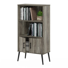 Furinno MIDCENTURY Storage Shelves, Storage Cabinet with Doors and Shelves, Bookshelf with Legs, for Living Room, Home Office, Grey Oak