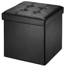 BRIAN & DANY Folding Ottoman Storage Box with Lid, Faux Leather Footstool Toy Storage Box Storage Seat 38 x 38 x 38 cm (Black)