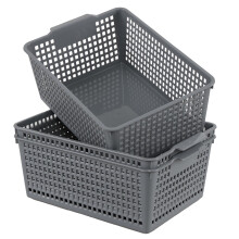 Afromy Set of 3 Plastic Storage Baskets, Rectangular Weave Storage Basket Bin, Grey