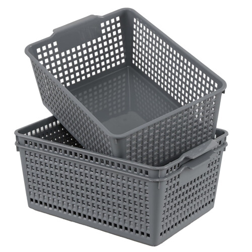 Afromy Set of 3 Plastic Storage Baskets, Rectangular Weave Storage Basket Bin, Grey