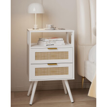 JERX Rattan Bedside Table, Farmhouse Nightstand with 2 Storage Drawer and Open Wood Shelf, for Living Room, Bedroom and Small Spaces