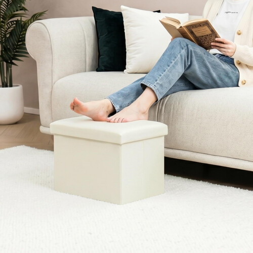 PINPLUS Folding Storage Box Ottoman, Linen Small Footstool, Cream White 1