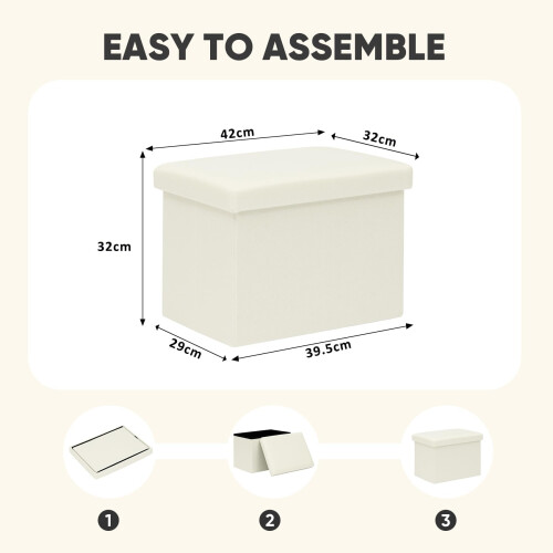 PINPLUS Folding Storage Box Ottoman, Linen Small Footstool, Cream White 2