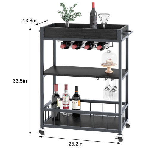Bar Cart, 3 Tier Serving Trolley, Rolling Wine Trolley, Drinks Trolley 2