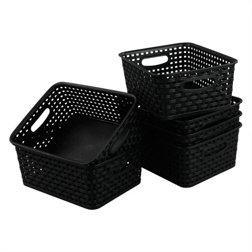 CadineUS 6-pack Black Woven Plastic Storage Baskets Organizing Bins 2