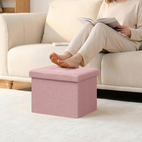 PINPLUS Tufted Linen Storage Ottoman Box, Foldable Footstool, Pink 1