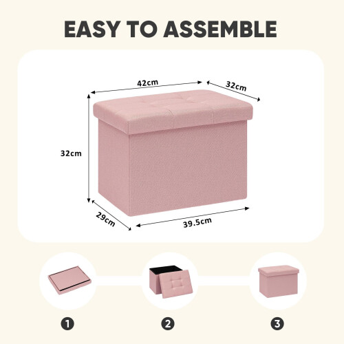 PINPLUS Tufted Linen Storage Ottoman Box, Foldable Footstool, Pink 2