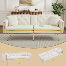 (White, Velvet) 2-Seater Sofa Bed with Built-in Cup Holders