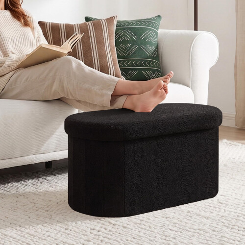 PINPLUS Oval Storage Bench Folding Ottoman Boucle Black, 76x38x38 cm 1