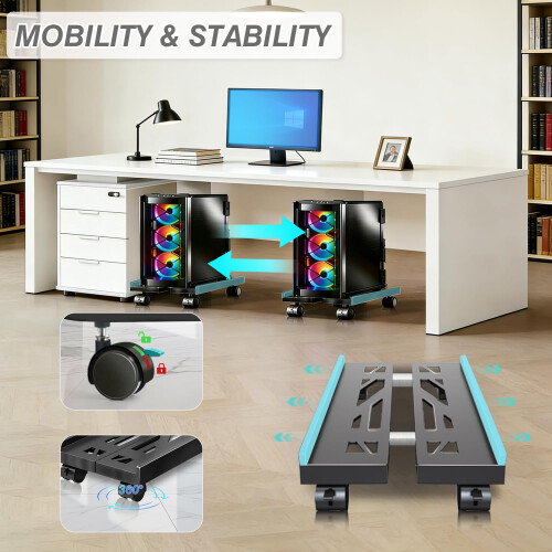 Hmfmdy CPU Stand for PC, Desktop Computer Tower Stand, Adjustable CPU Holder, Universal Mobile PC Stand with Rolling Lockable Castors 2