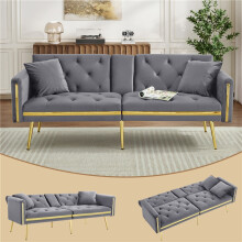 (Grey, Velvet) Convertible 2-Seater Sofa Bed with Gold Accents