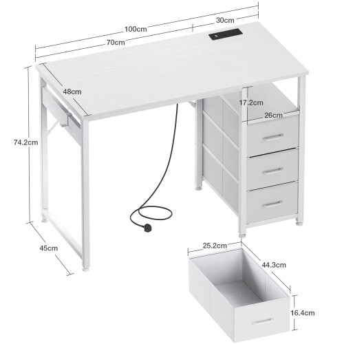 ODK Computer Desk with Drawers, 100cm Office Desk with Sockets, White 2