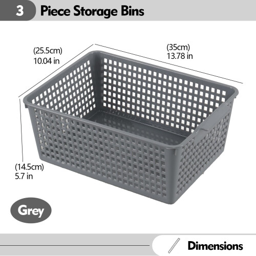 Afromy Set of 3 Plastic Storage Baskets, Rectangular Weave Storage Basket Bin, Grey 1