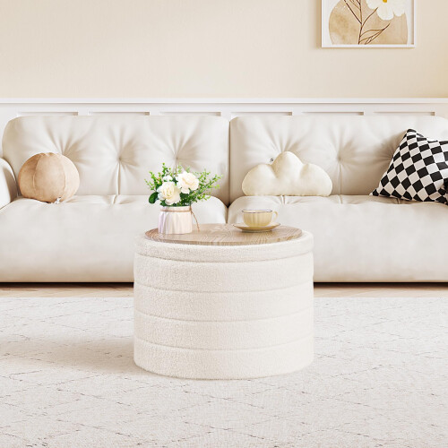 PINPLUS Round Ottoman Storage, Convertible Table, Cream White, 56x56x40 cm 1
