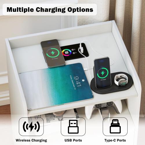 Quikraen Bedside table with 2 Drawers, wireless charging and LED light 2
