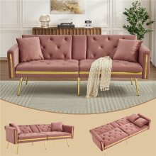 (Pink, Velvet) 2-Seater Sofa Bed with Adjustable Backrest