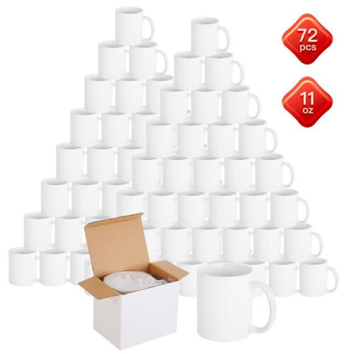 72pk Plain White Mugs 11oz Large Coffee Tea Set of Blank Bulk Cups + Gift Boxes