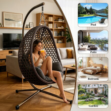 Hanging Egg Chair, Foldable Rattan In / Outdoor Swing Chair with Stand & Cushion