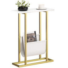 Narrow Side Table, End Table with Magazine Holder, Nightstand for Small Spaces, Living Room, Bedroom, White Marble Grain