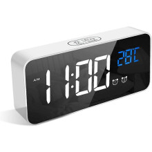 Digitaler Wecker (25-26 Stunden) mit großem LED-Temperaturdisplay, 10 Wecktönen, 4 Helligkeitsstufen und Dimmer, tragbarer Spiegel