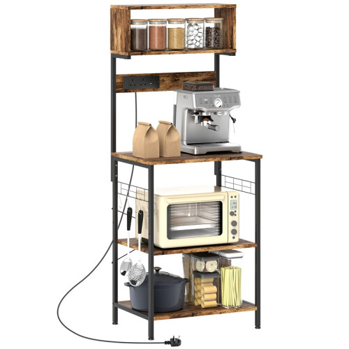 Kitchen Storage Rack, Bakers Rack with Power Outlet, USB Charger, Rustic Brown