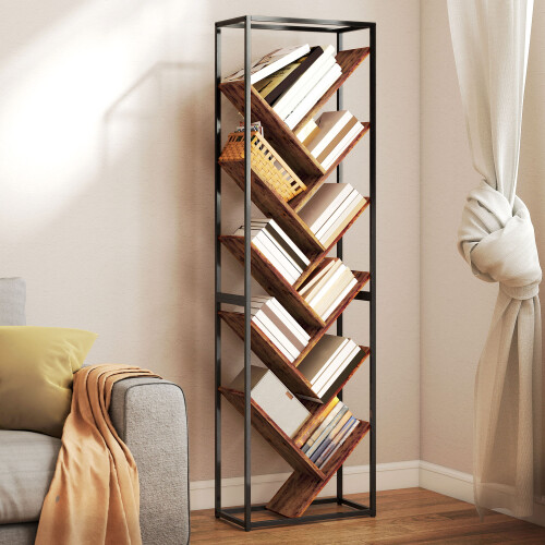 Homcom HOMCOM 10 Tier Tree Bookshelf Industrial Tall Bookcase Rustic Brown Black 1