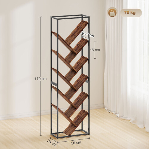 Homcom HOMCOM 10 Tier Tree Bookshelf Industrial Tall Bookcase Rustic Brown Black 2