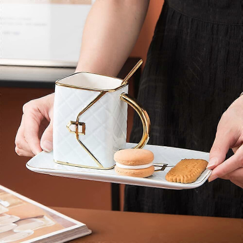 Creative Ceramic Design, Versatile Drinkware for Women, Handbag-Shaped Mug with Rectangular Saucer and Gold Handle (Durable Porcelain, 1