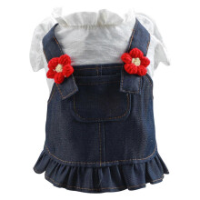 (S) Dog Dress Crocheted Flower Jeans Theme Red Flowers Pet Costume XS
