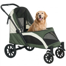 Foldable Pet Stroller for Large Dogs with Four Big Wheels, Shock-Absorbing Frame, Safety Leashes, Brakes, Dark Green