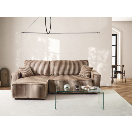 Beliani Corner Sofa Bed ABACKA with Storage Corduroy Light Brown Right Hand 1