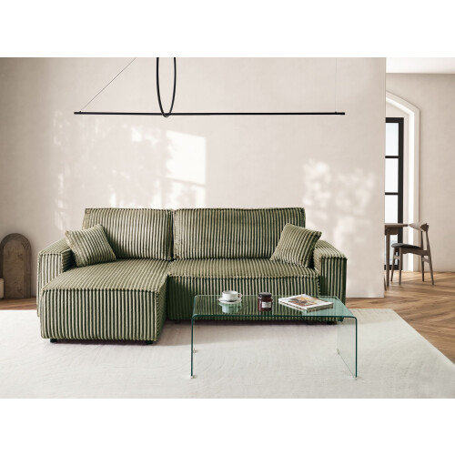 Beliani Corner Sofa Bed ABACKA with Storage Corduroy Green Right Hand 1