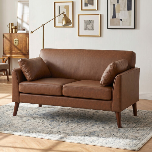 Homcom HOMCOM 2 Seater Sofa, 132 cm Modern Small Sofa with Solid Wood Legs, Brown 2