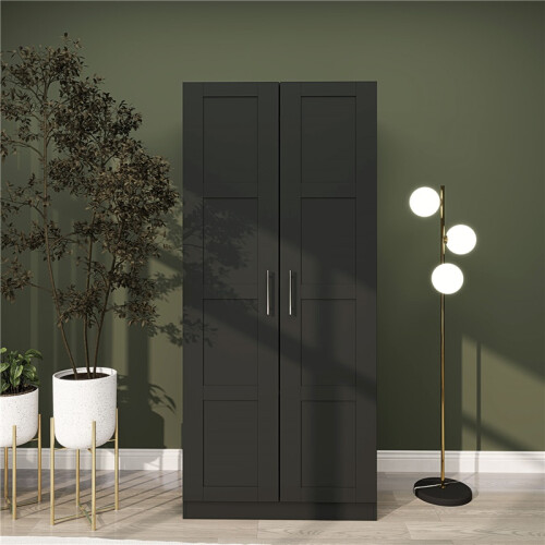 Double Panel Door Wardrobe, with Shelves - Black 2