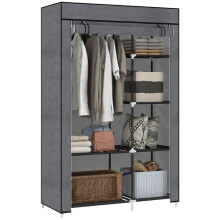 Fabric Wardrobe w/ Shelves Hanging Rail Foldable Wardrobe Dark Grey