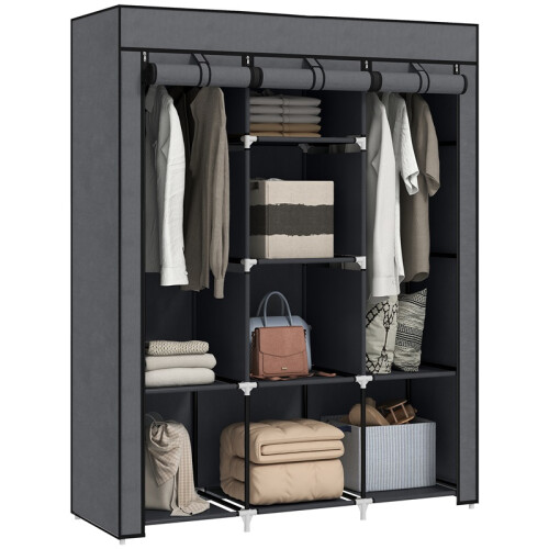 Fabric Wardrobe, with Rails and Shelves - Dark Grey