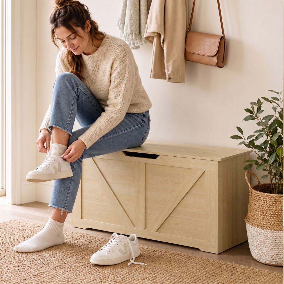 HOMCOM 127L Storage Chest with Lid Storage Bench Blanket Box Natural Wood | Shoe Bench with 2 Safety Hinges, U-shaped Cut-out Pull, for Bedroom, Living Room, Entryway, 100 x 40 x 45 cm - Image 4
