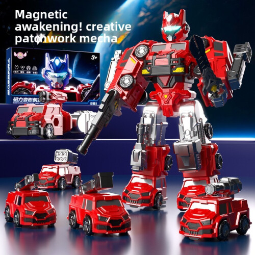 (Red)Magnetic Transforming Toy Robot With Assembly For Kids Coordination Development 1
