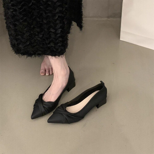 (Black,36)Small Pointed Toe Shoes With Solid Color And Pleated Design For Outings Spring 2