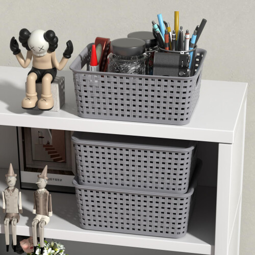 Ysmiltion Plastic Storage Baskets with Lid and Handle, 6 Pack, Light Gray 1
