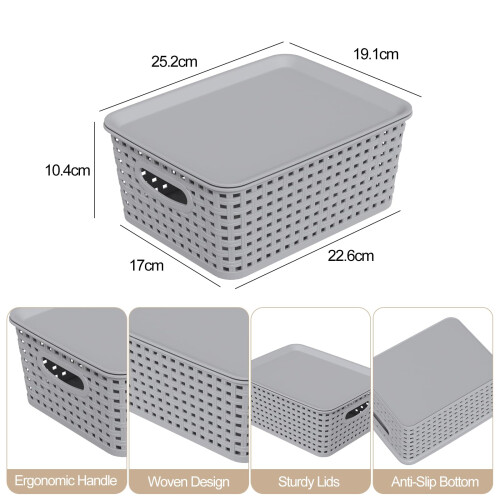 Ysmiltion Plastic Storage Baskets with Lid and Handle, 6 Pack, Light Gray 2
