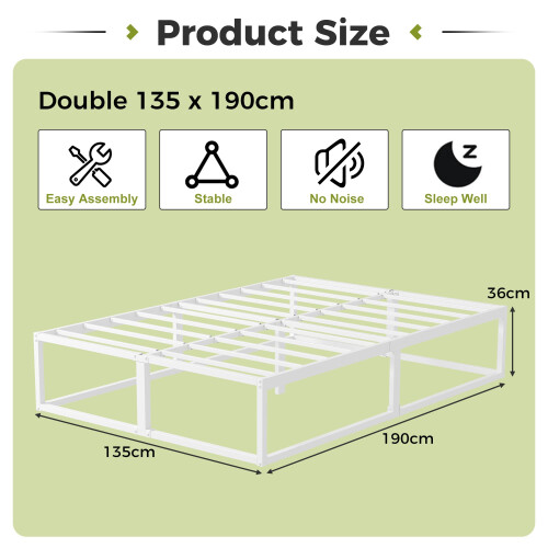 EMODA Double Bed Frame 36cm High with Steel Slats Support, White 1