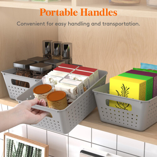 Lifewit 6 Pack Plastic Storage Baskets,Stackable Storage Bins,Light Grey 2