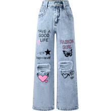 Girls' Wide Leg High Waisted Y2K Jeans Blue 160 cm — teen baggy trousers, cotton denim pants, retro streetwear bottoms