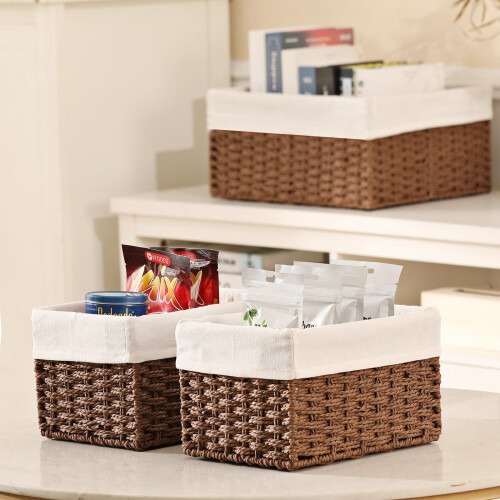 Vagusicc Wicker Storage Basket, Set of 3 Rectangular Storage Gift Hamper Basket with Removable Fabric Lining 2